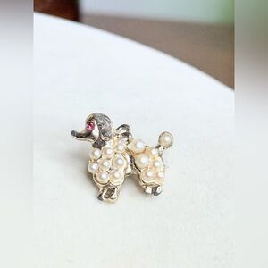 Vintage Poodle Dog Brooch Faux Pearl Body Pink Rhinestone Eye Figural Pin